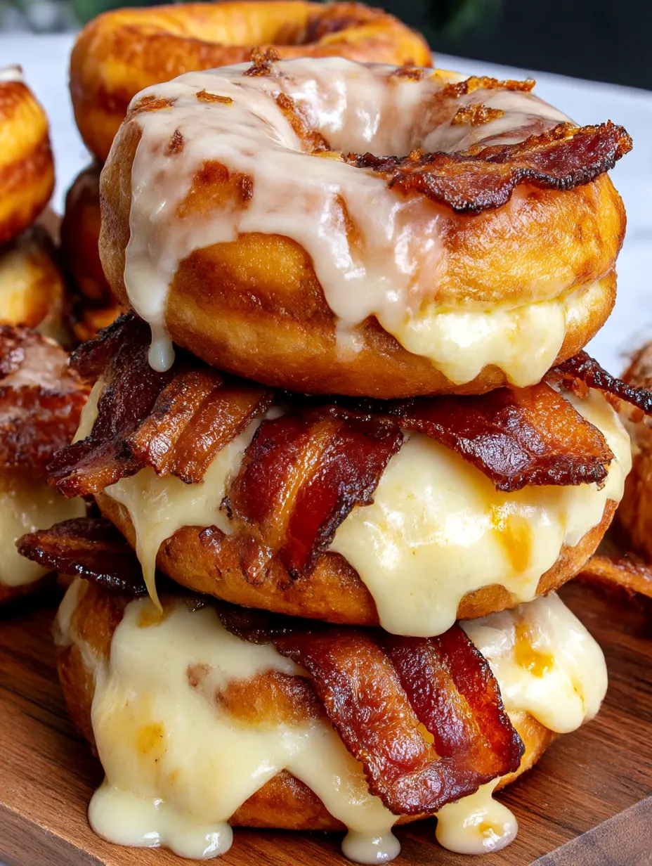 A stack of donuts with bacon and maple glaze.
