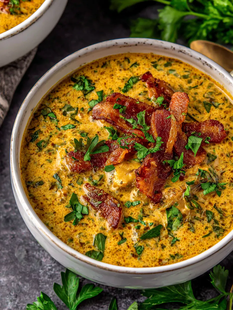 A bowl of soup with bacon and green herbs.