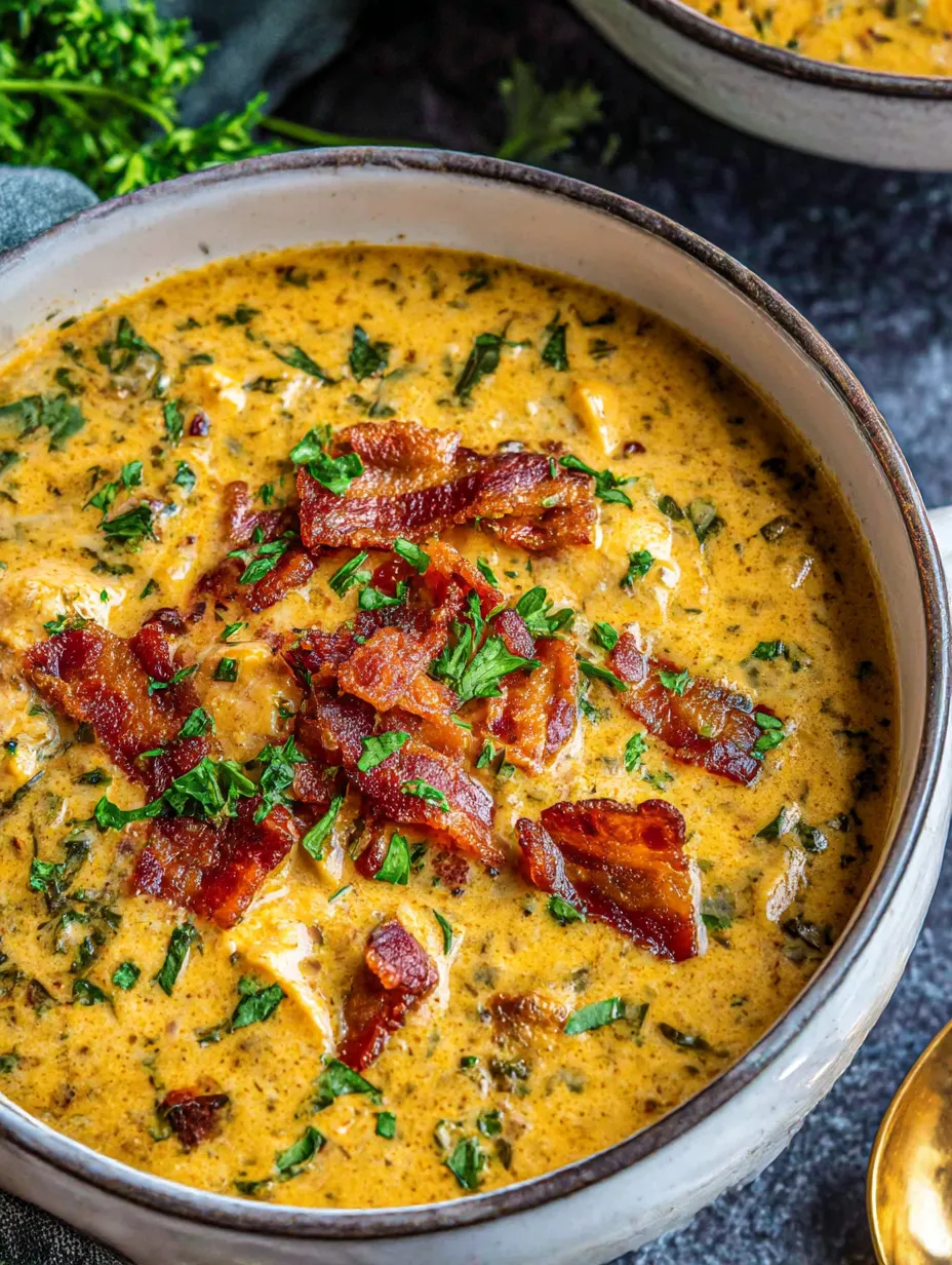 A bowl of soup with bacon and herbs.