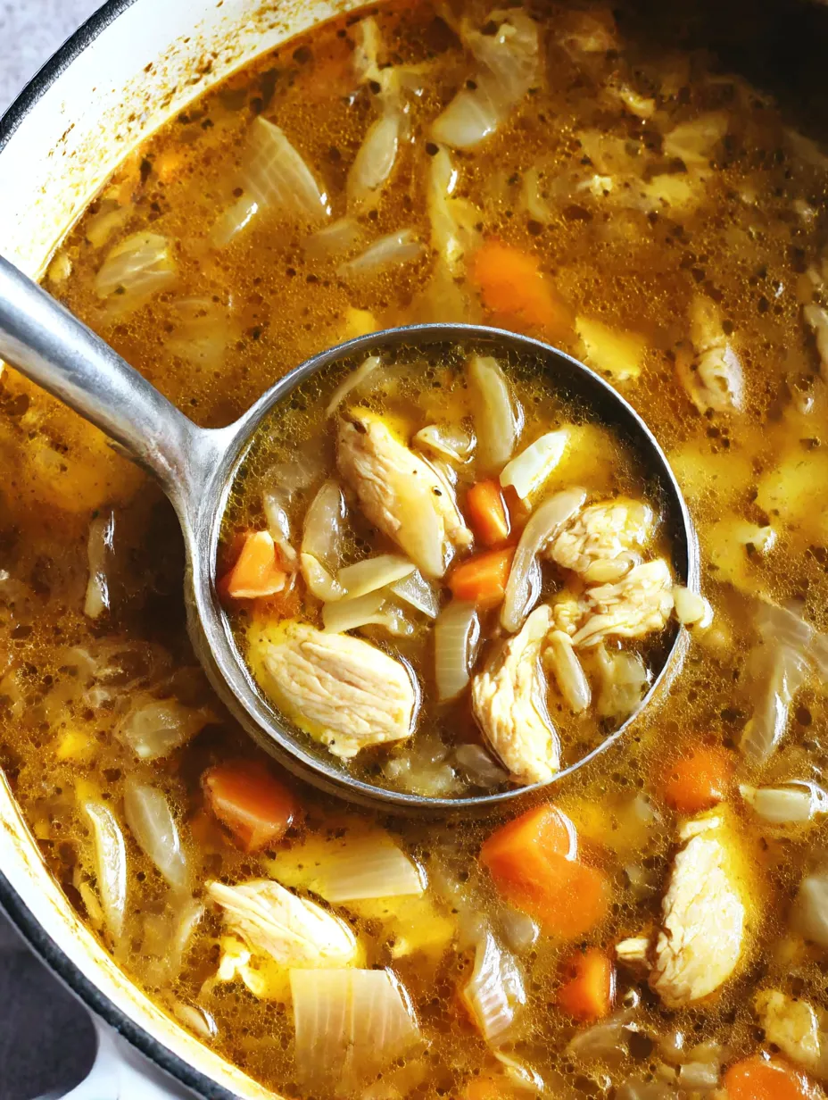 A spoon in a bowl of soup.