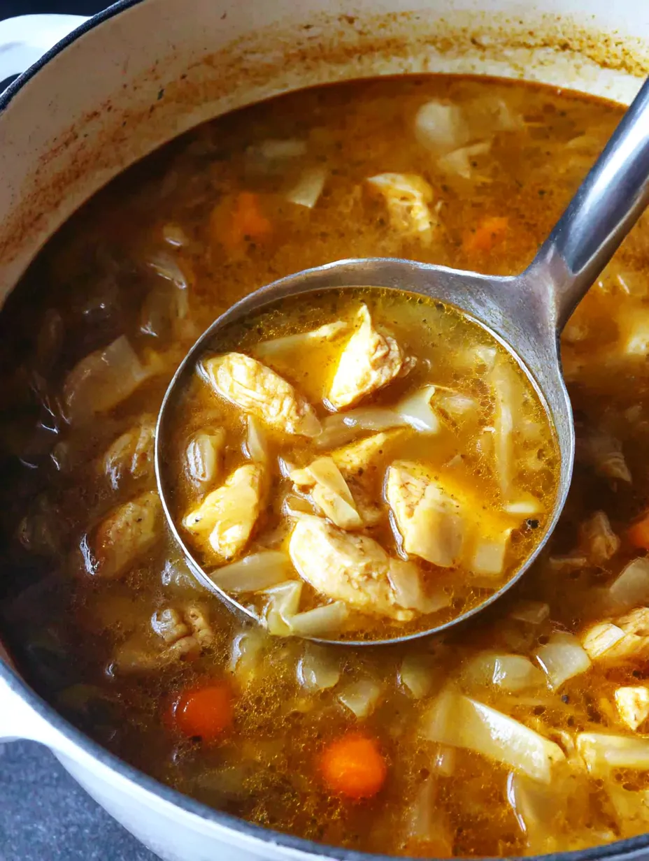 A spoon in a bowl of soup.