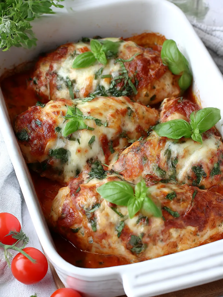 A dish of chicken mozzarella bake with green herbs on top.