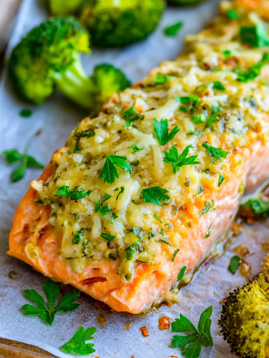A piece of salmon on a white paper with broccoli and garlic.