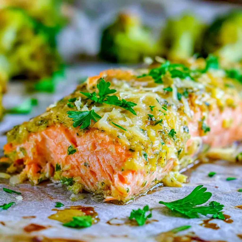 A piece of salmon with garlic and parmesan on a white paper.