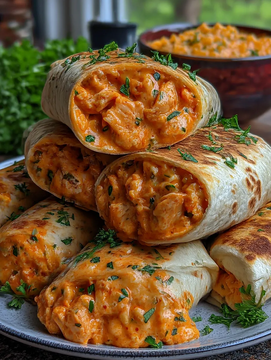 A stack of burritos with a cheesy buffalo chicken filling.