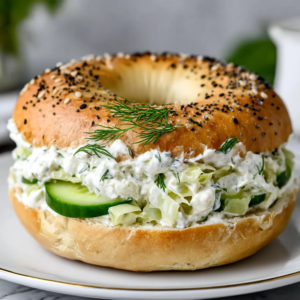 A bagel with cream cheese and dill pickle.