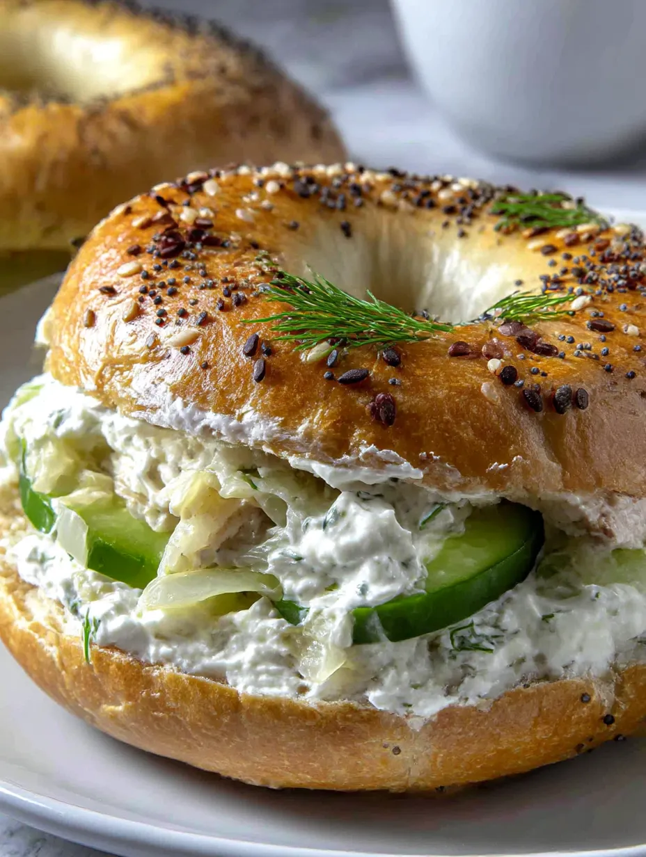 A bagel with cream cheese and dill pickle on top.