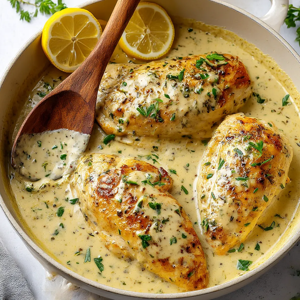 A bowl of chicken with herbs and lemon.