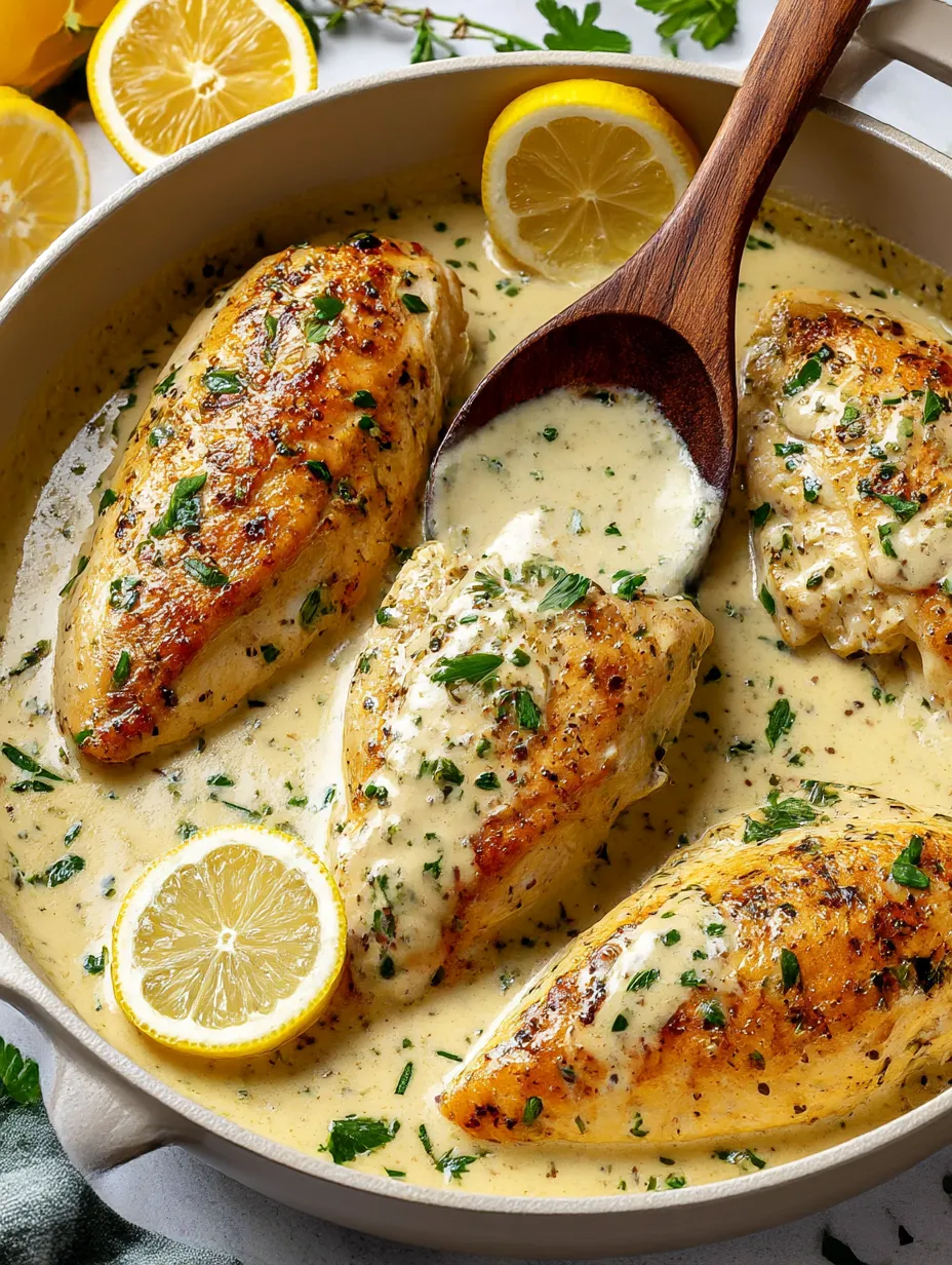 A bowl of chicken with herbs and lemon.