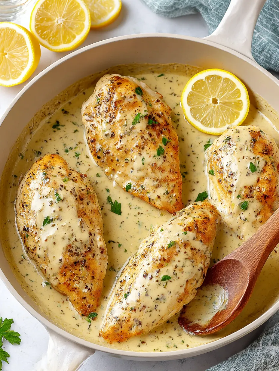 A bowl of chicken with herbs and lemon slices.