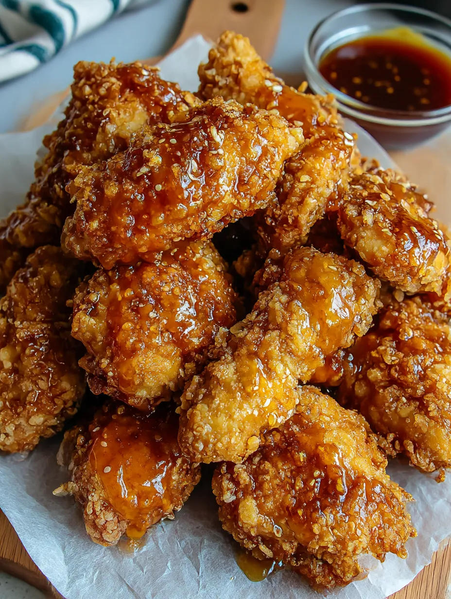A plate of fried chicken with a honey glaze.