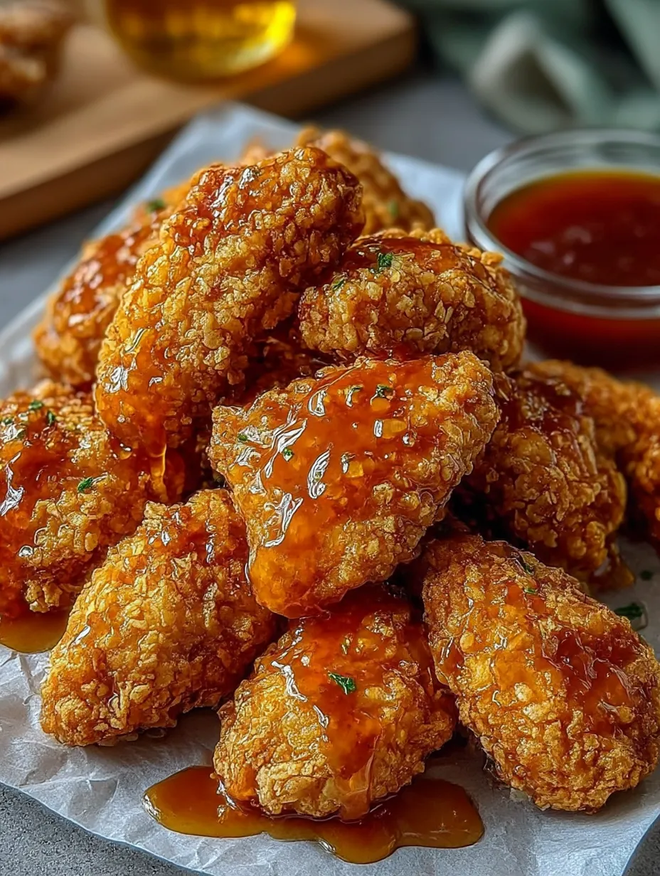 A plate of fried chicken with honey drizzled over it.