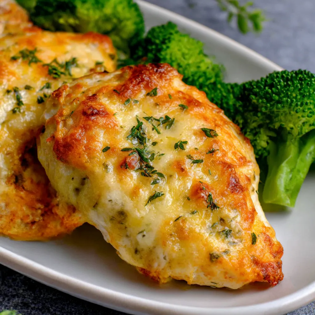 Two pieces of chicken with broccoli on a plate.