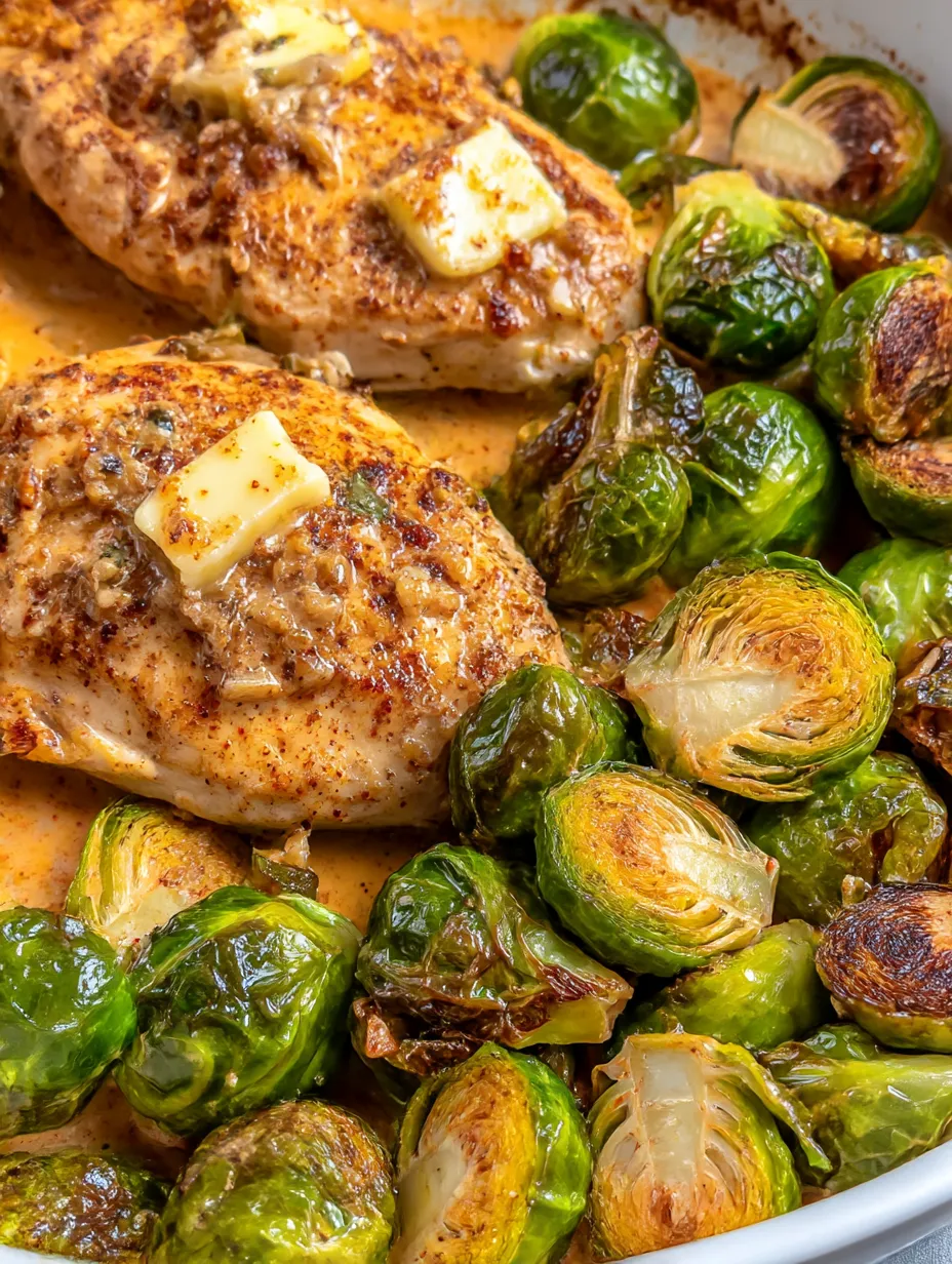 A plate of garlic butter chicken and brussels sprouts.