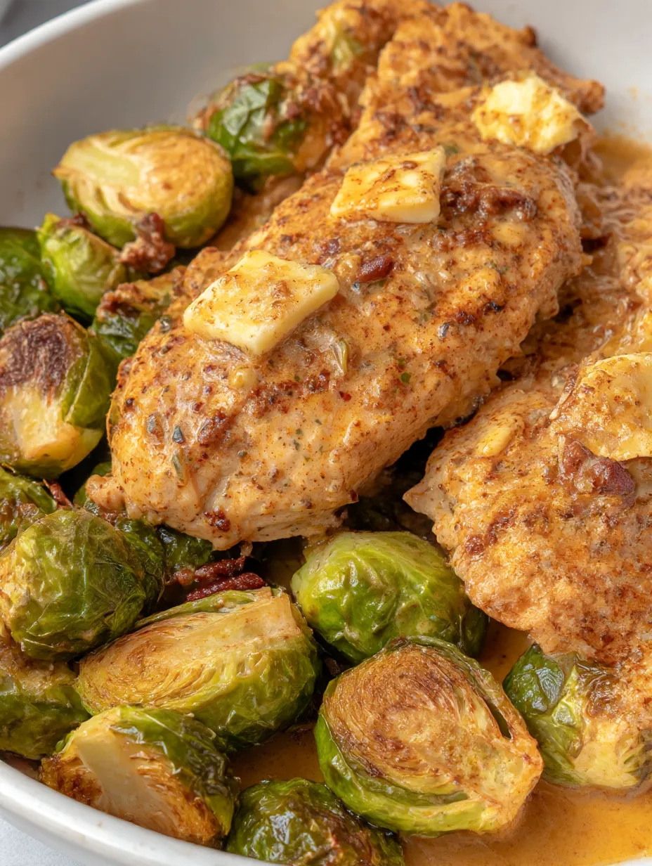 A plate of garlic butter chicken and brussels sprouts.