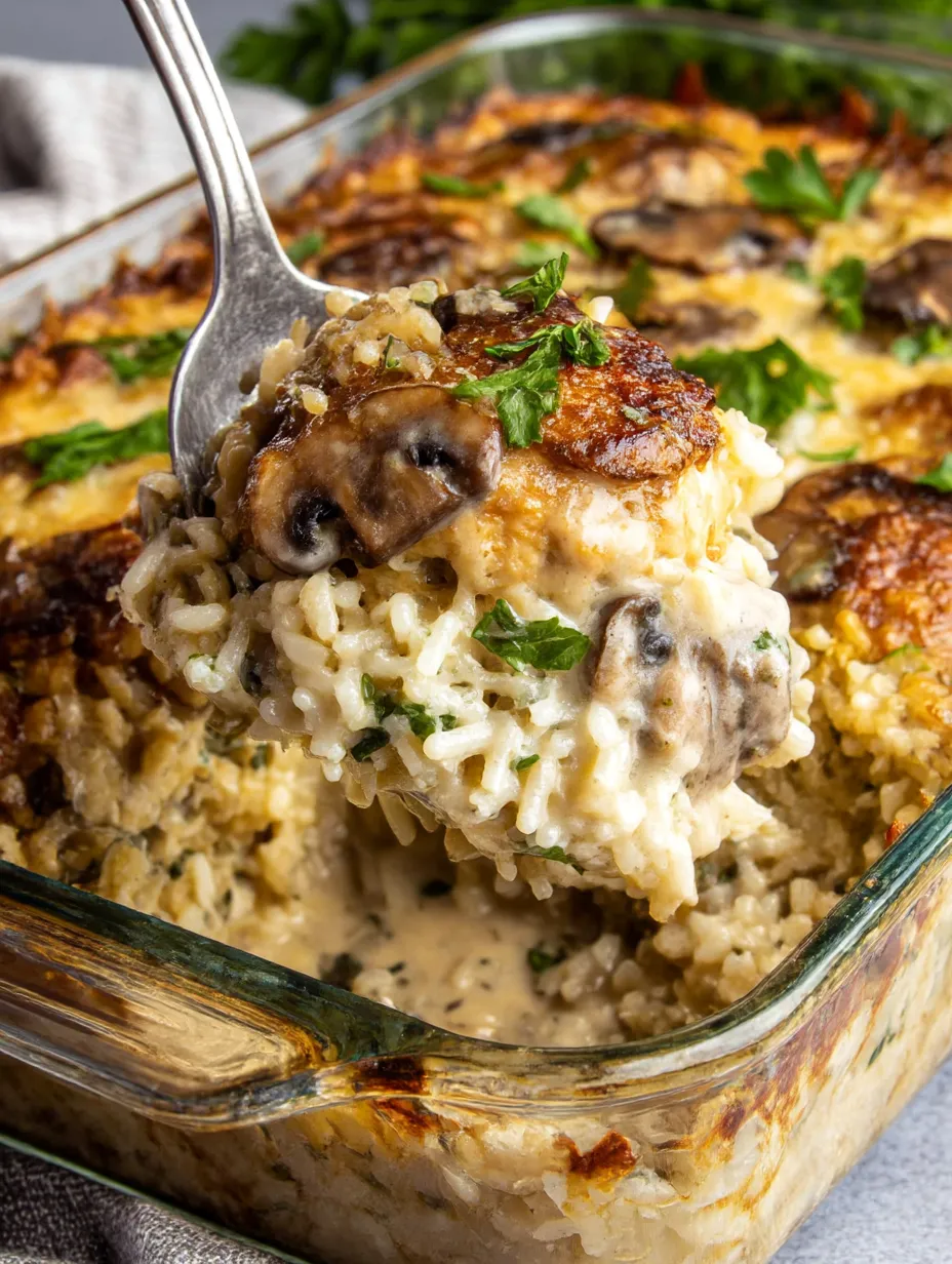 A fork is stuck in a dish of smothered chicken and rice.