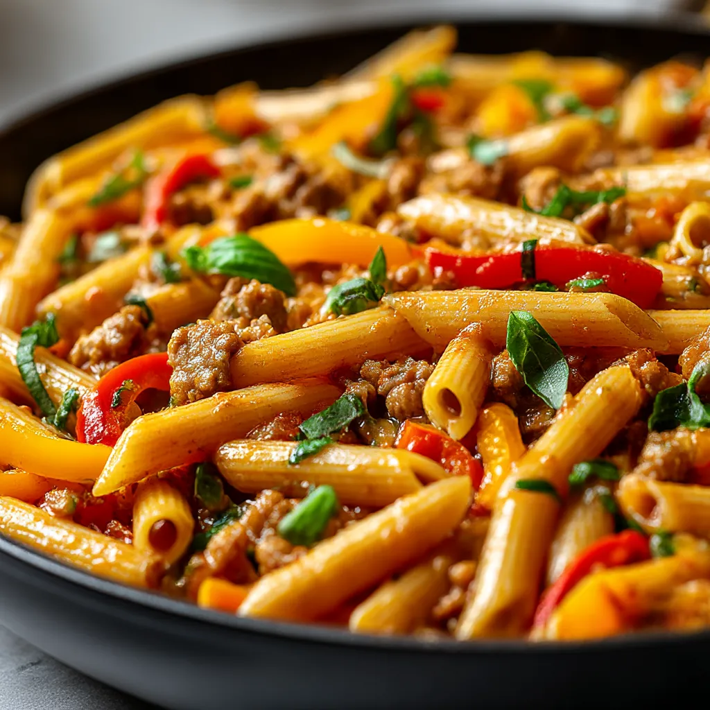 A plate of sausage and bell pepper penne.