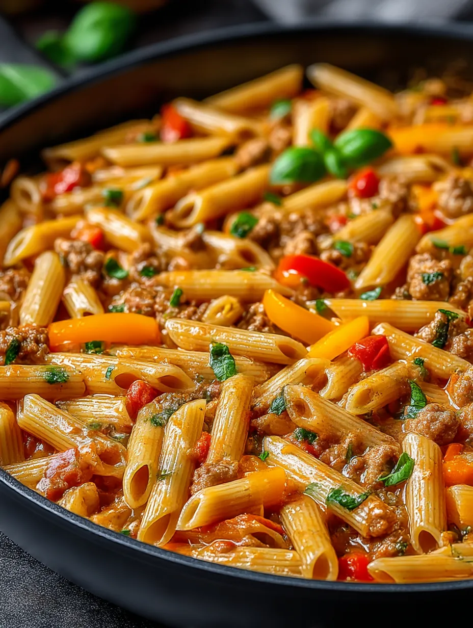 A dish of sausage and bell pepper penne.