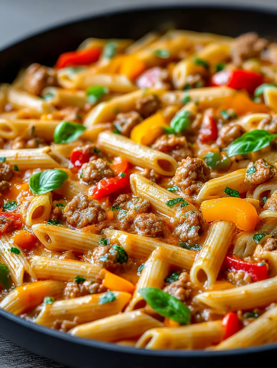 A dish of sausage and bell pepper penne.