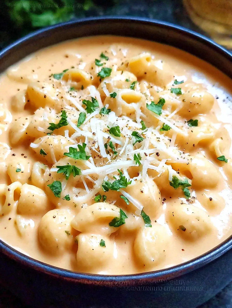 A bowl of mac and cheese with a green herb on top.