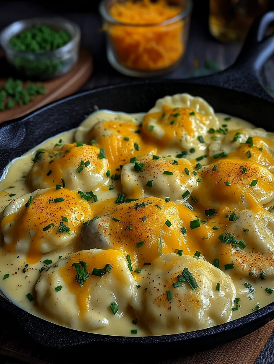 A skillet with creamy pierogi and turkey sausage.