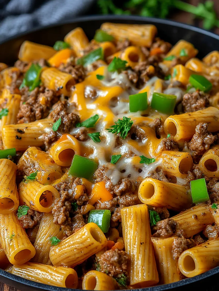 A dish of pasta with meat and cheese.
