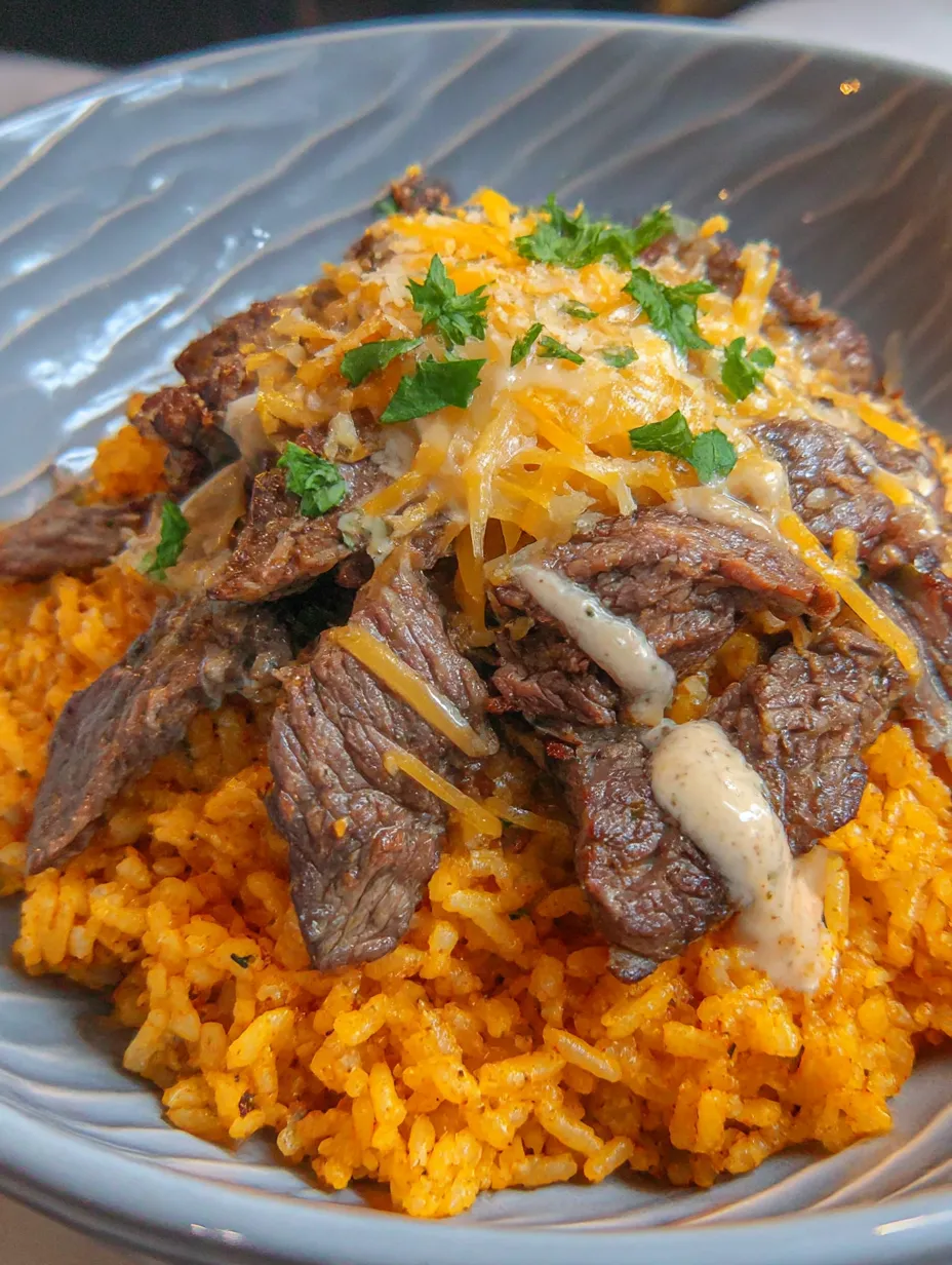 A plate of food with rice and meat on it.