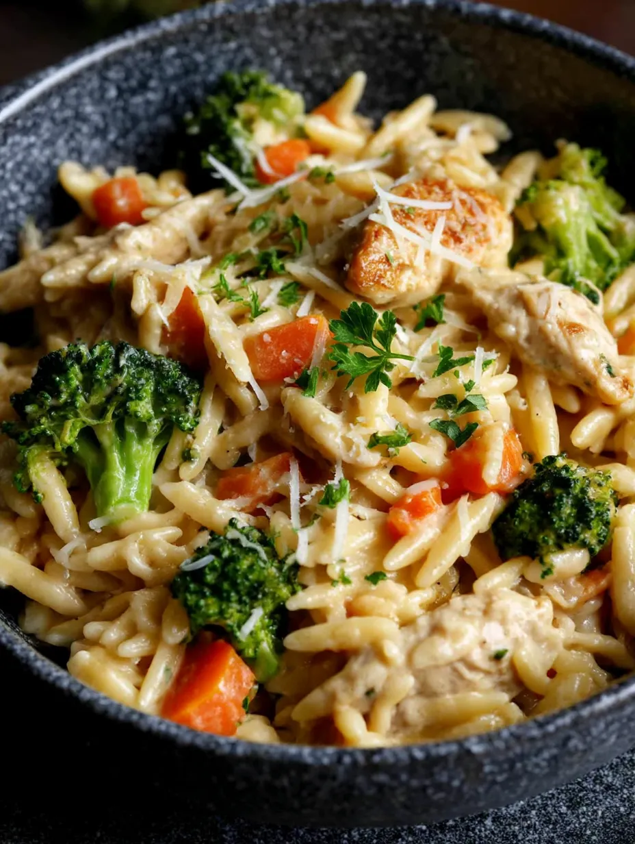 A bowl of cheesy chicken, broccoli and orzo.
