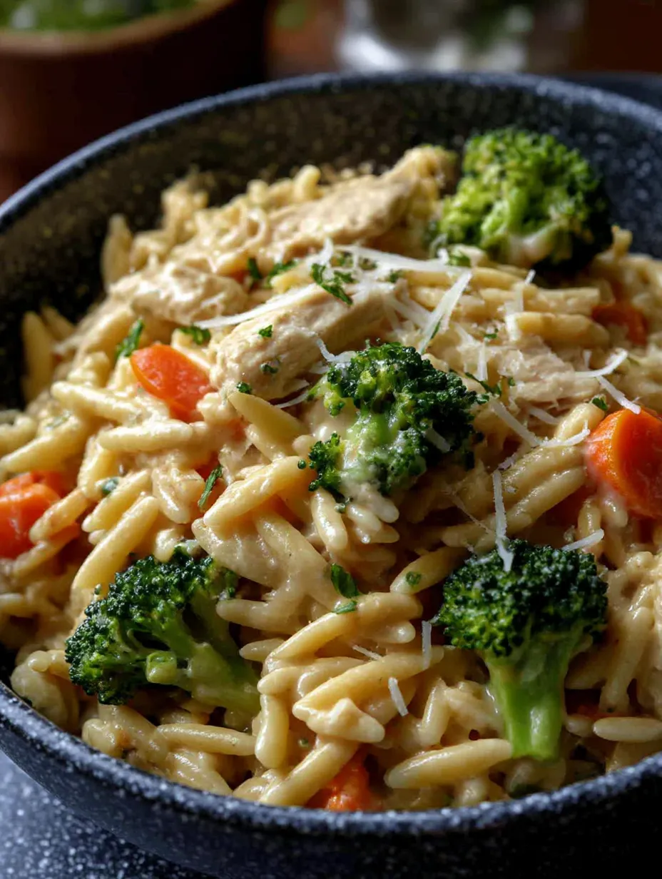 A bowl of cheesy chicken broccoli orzo.