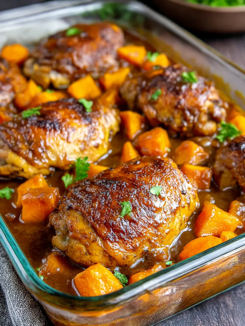 A pan of chicken and sweet potatoes.