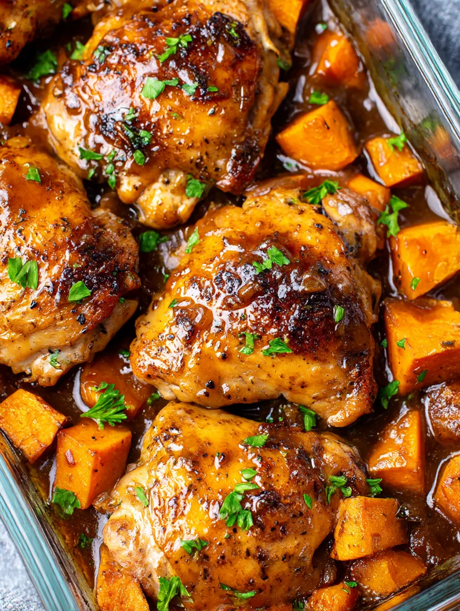 A dish of chicken and sweet potatoes.