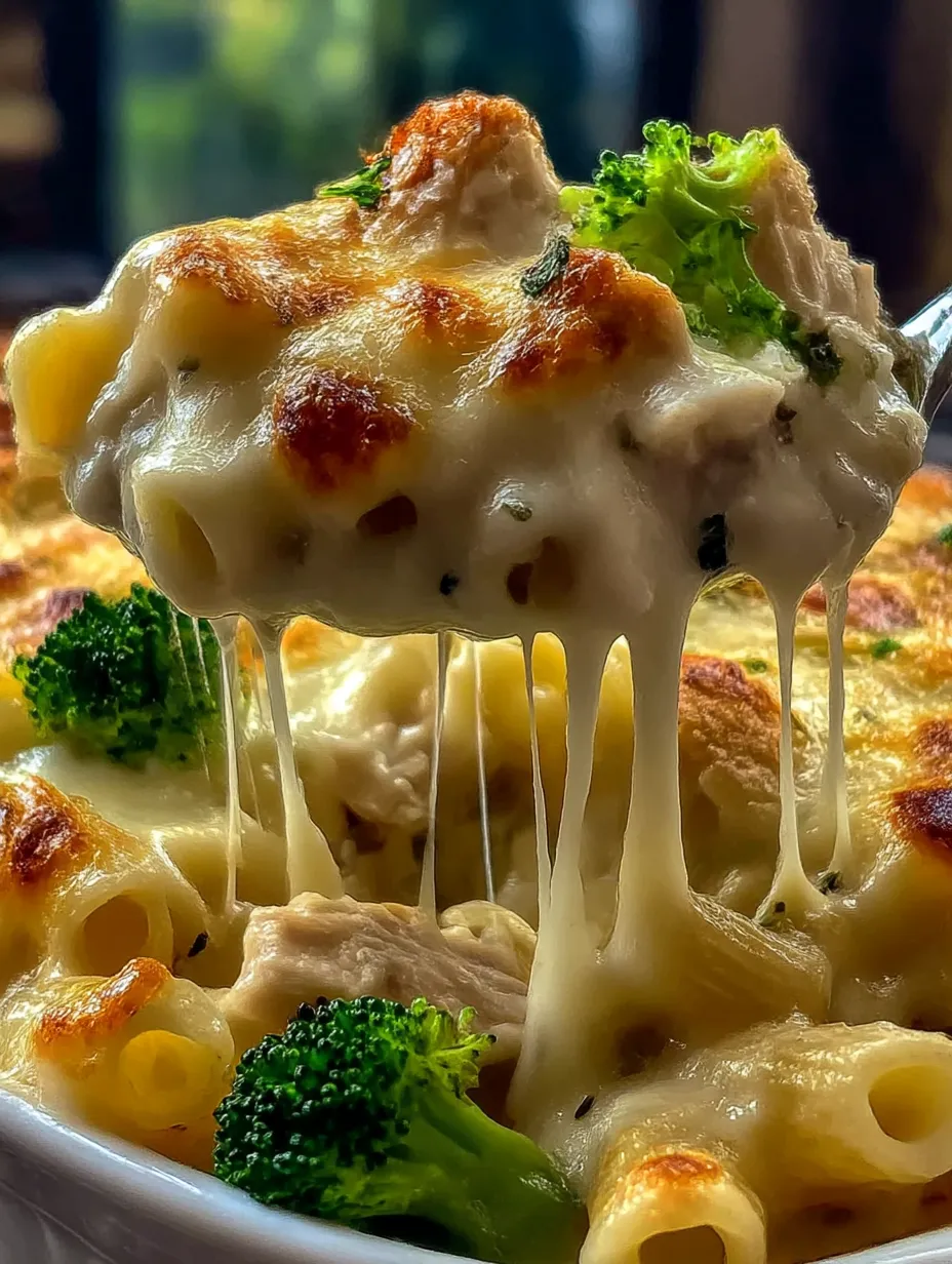 A close up of a delicious looking chicken alfredo bake.