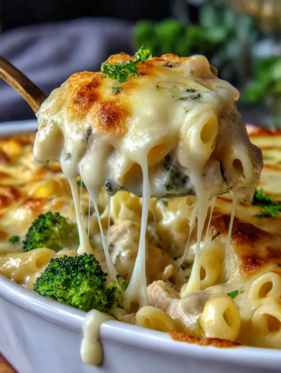 A close up of a delicious looking chicken alfredo bake.