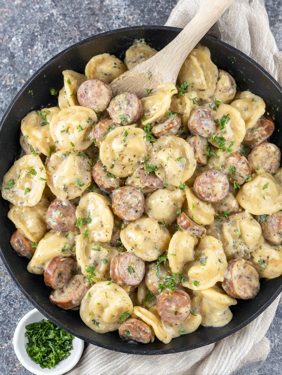 A skillet filled with sausage and pasta.
