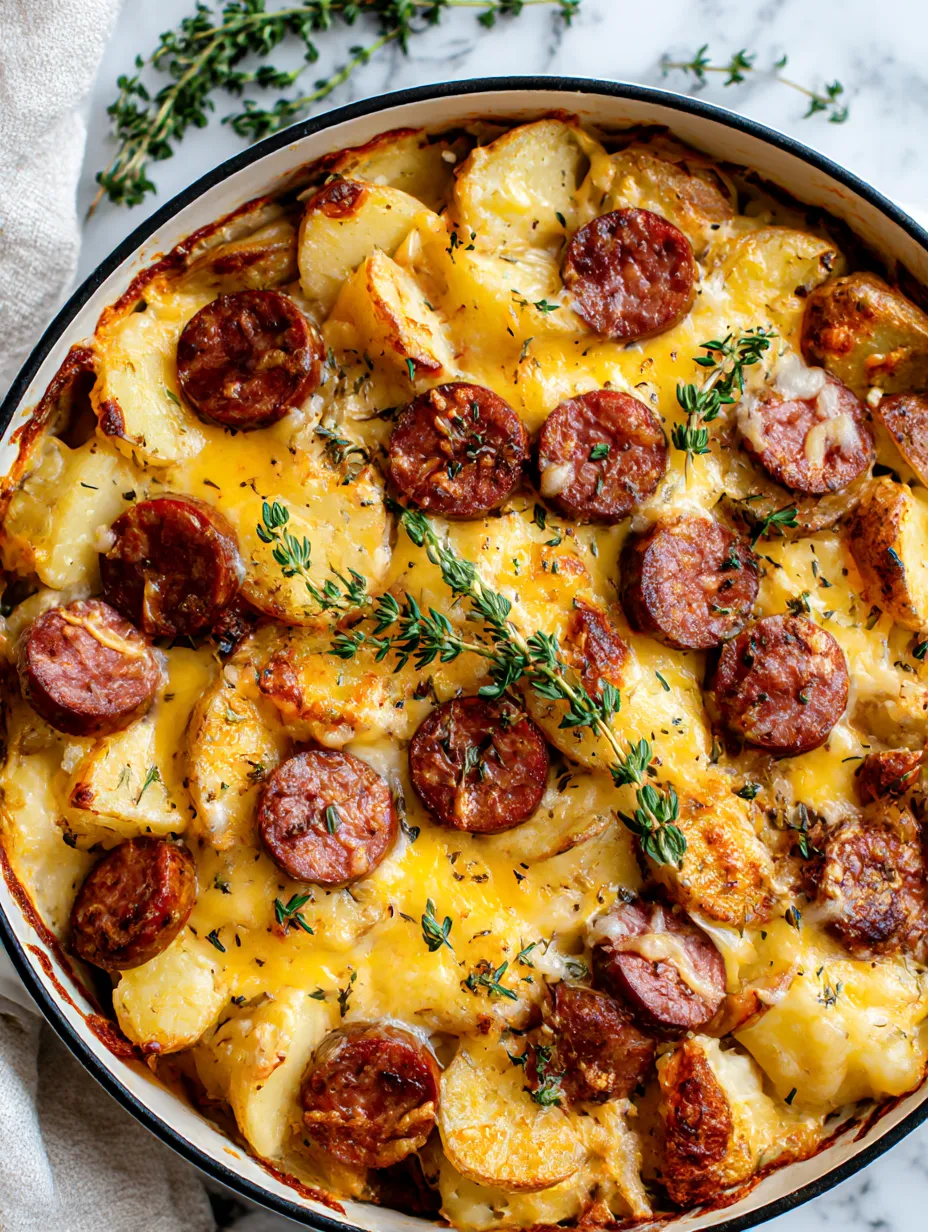 A delicious looking potato and sausage casserole.