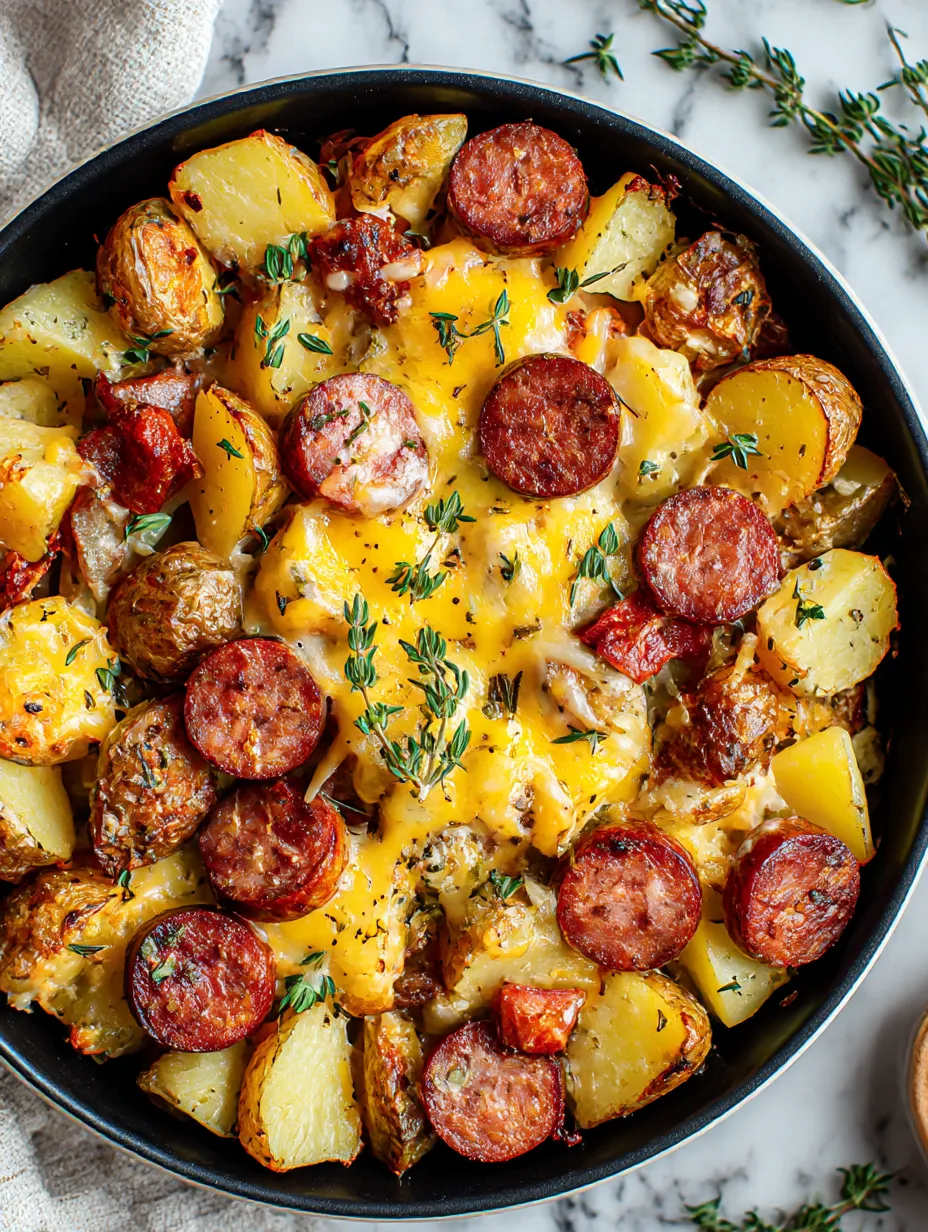 A close up of a delicious Kielbasa Sausage Cheesy Potato Casserole.