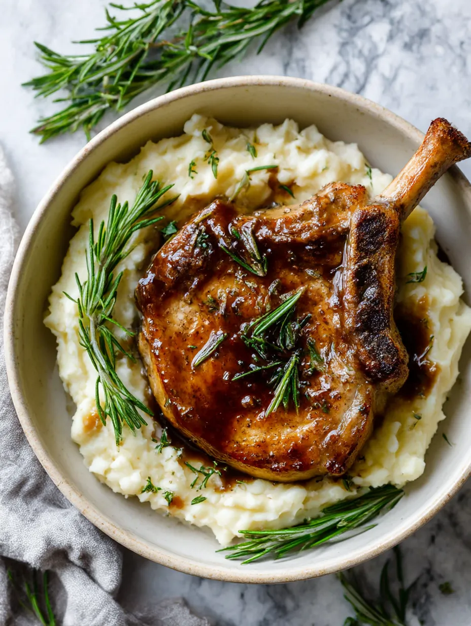 A plate of food with pork chops and potatoes.
