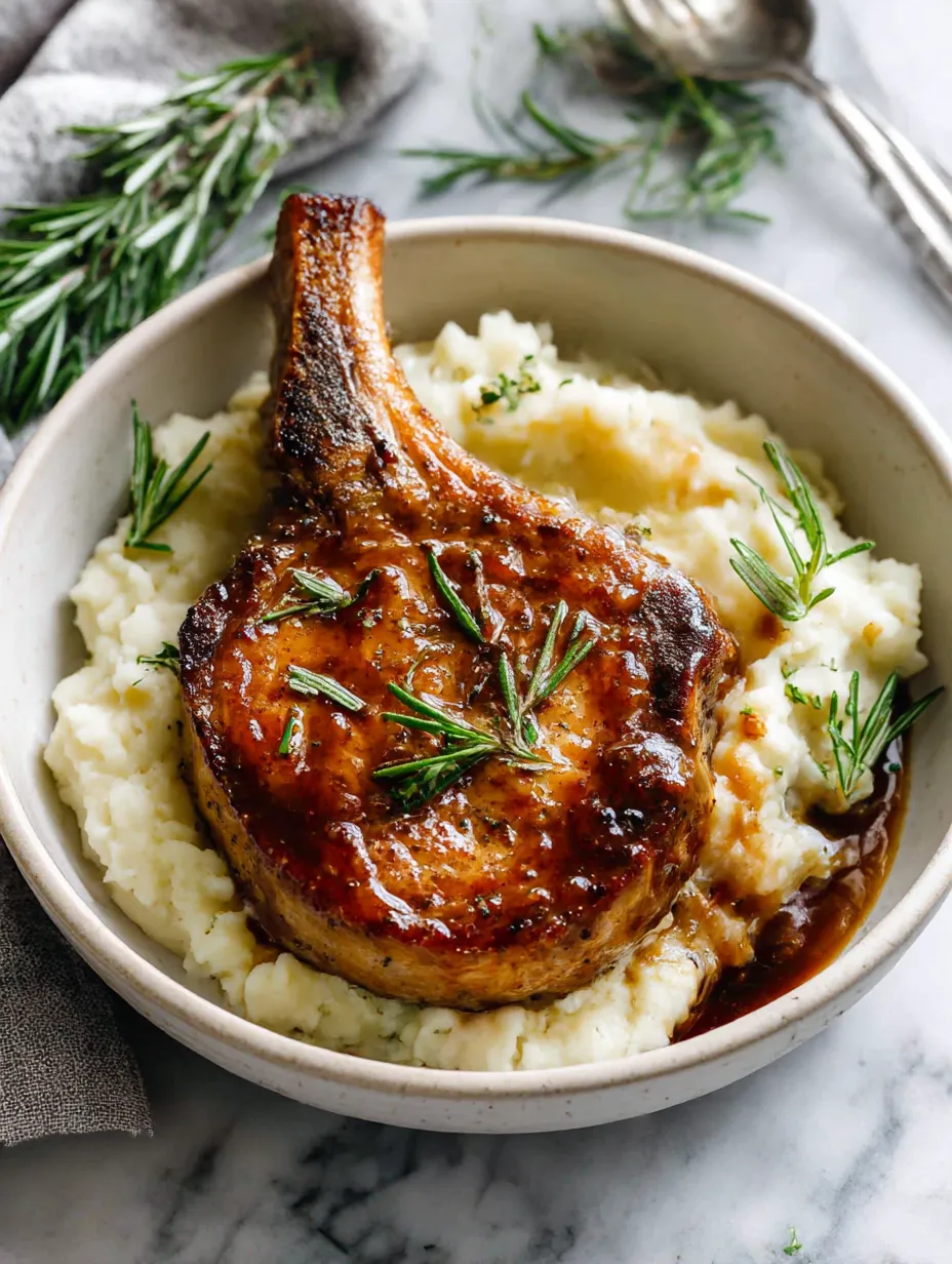 A bowl of food with a pork chop and potatoes.