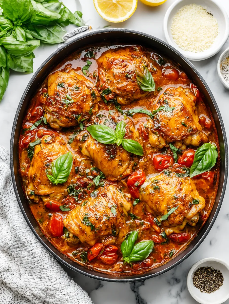 A pan of baked chicken with tomatoes and basil.