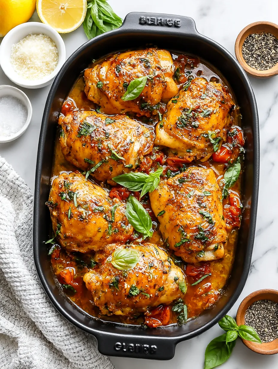 A pan of baked chicken with herbs and sauce.