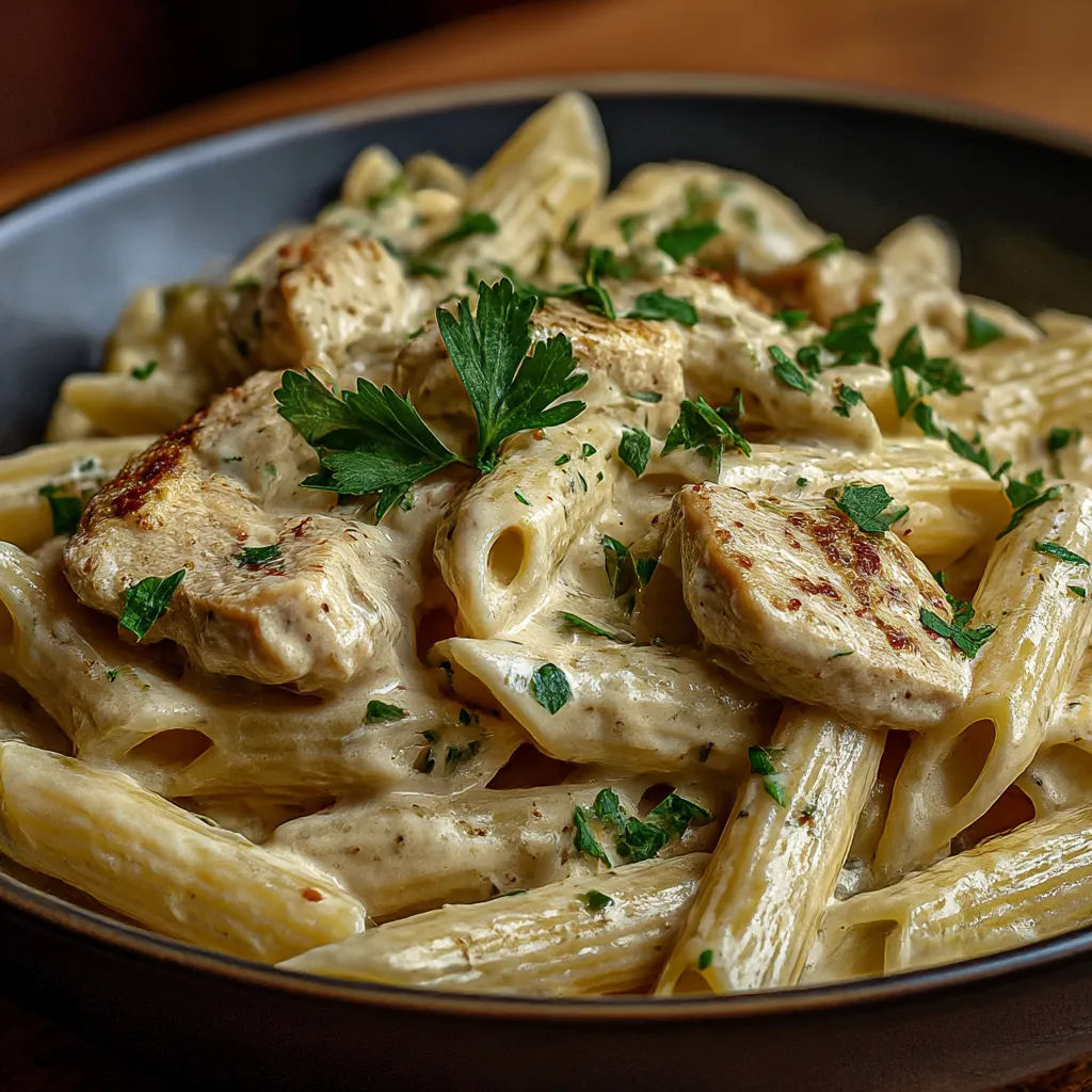A plate of pasta with chicken and cheese.