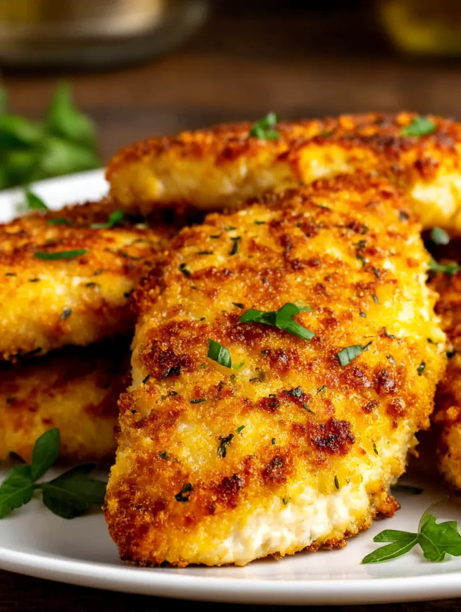 A plate of breaded chicken with herbs on top.