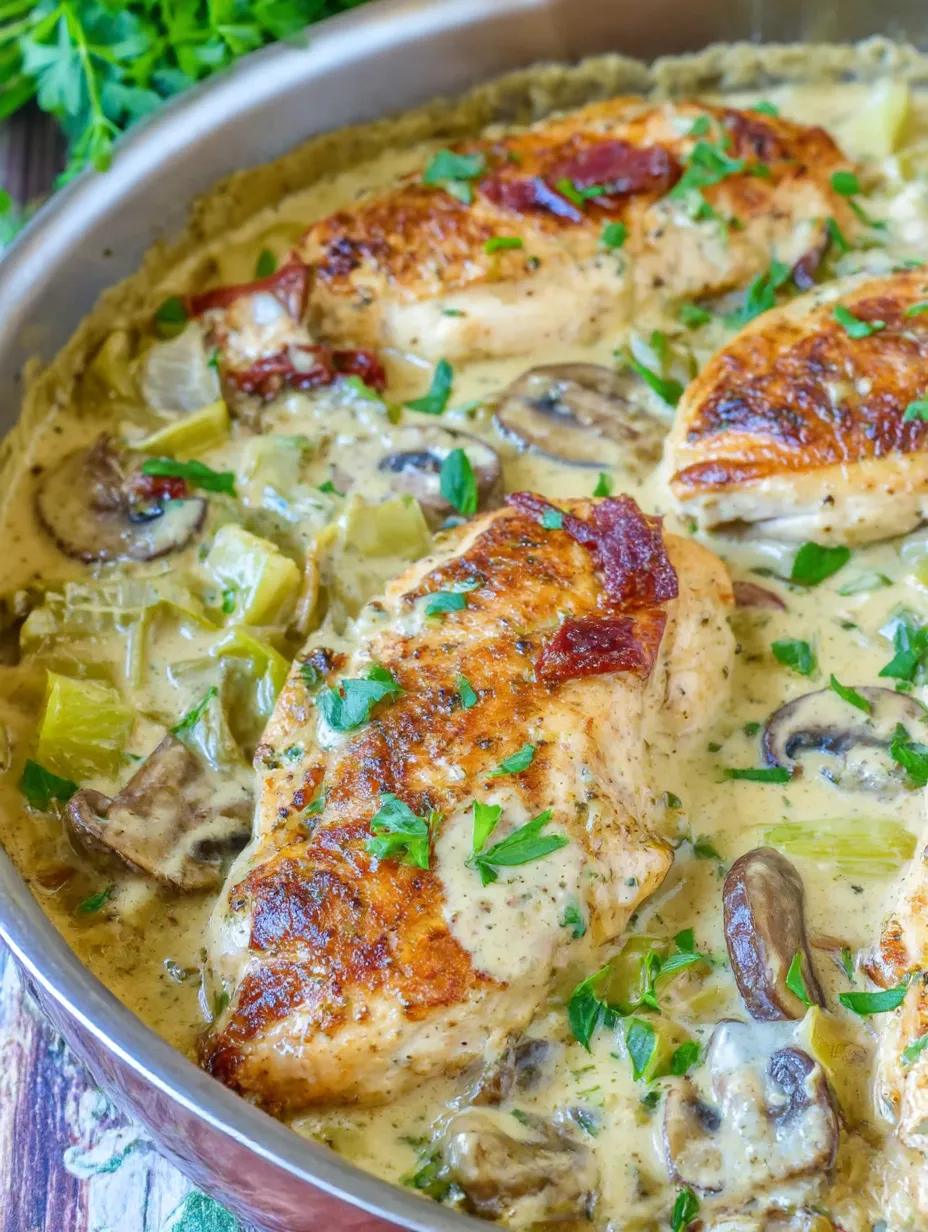 A skillet of chicken with mushrooms and herbs.