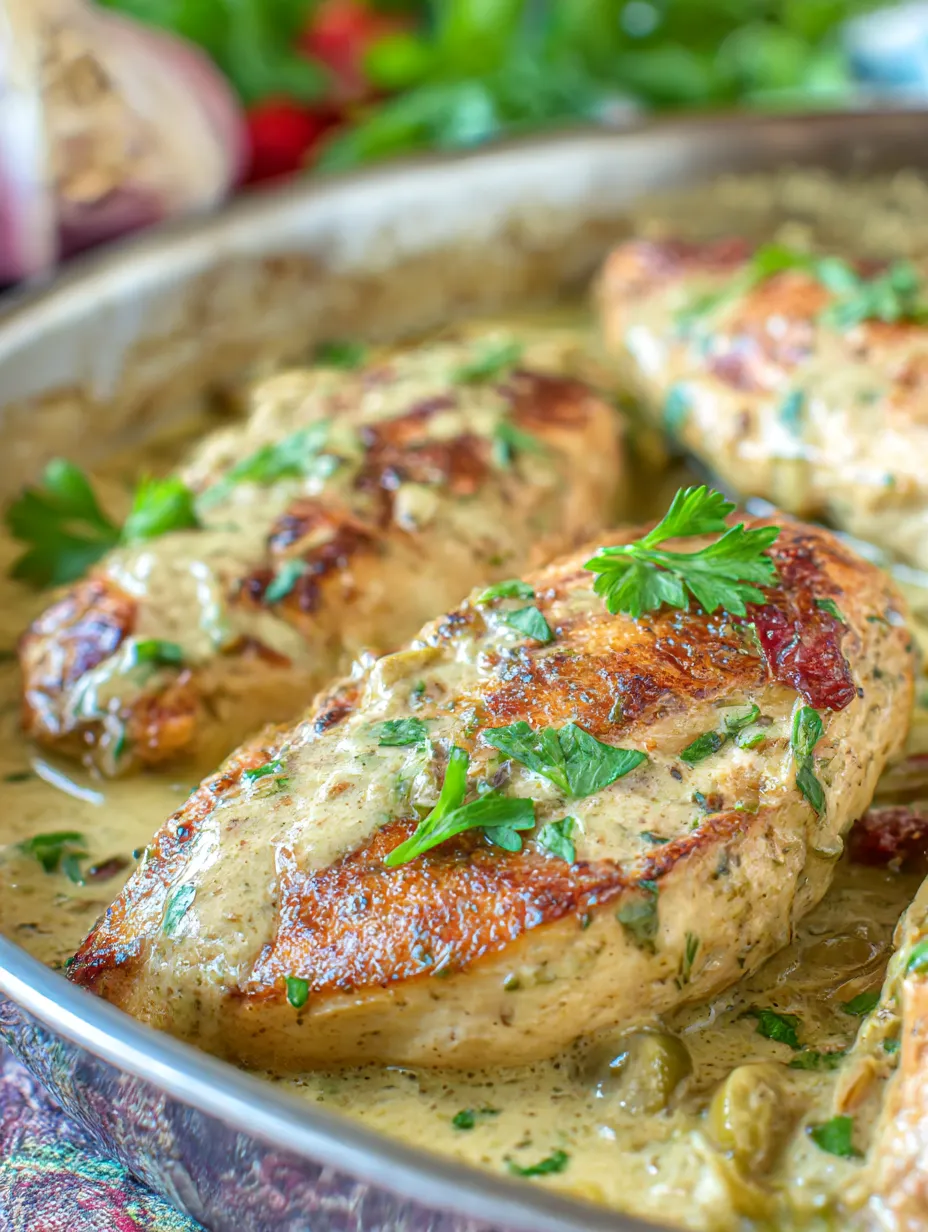 A skillet filled with chicken and pepperoncini sauce.