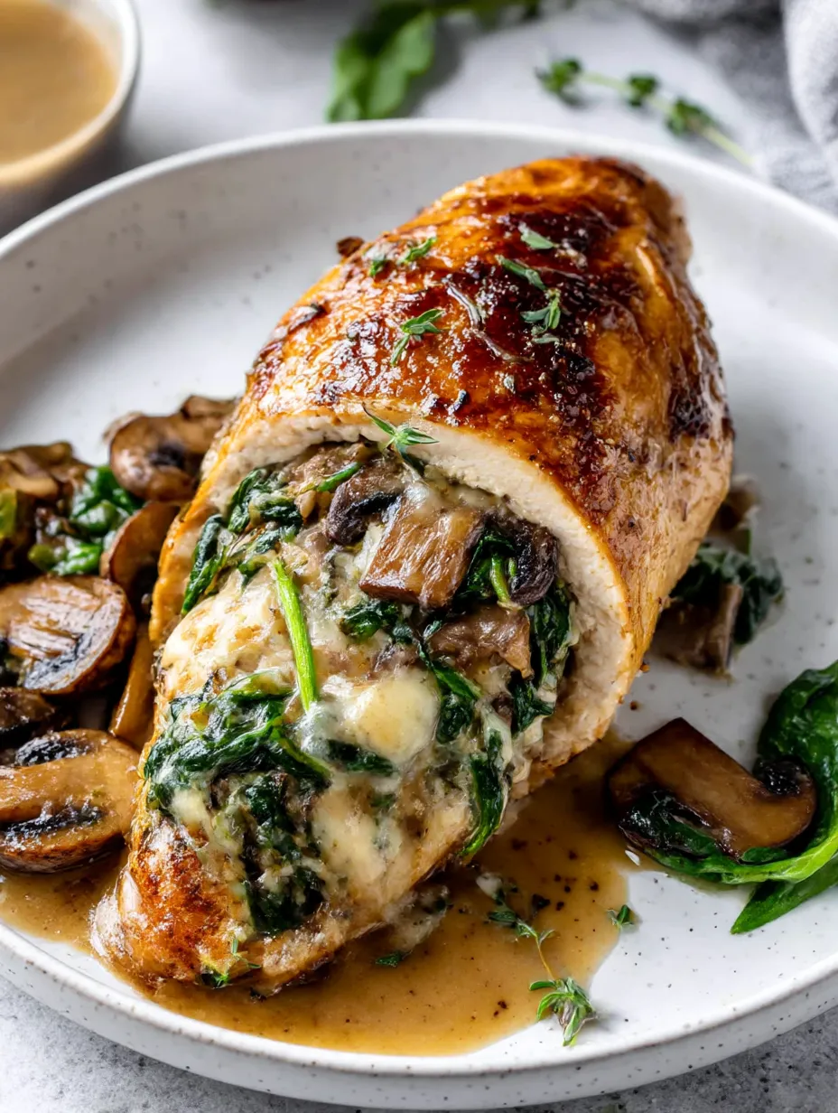 A stuffed chicken breast with mushrooms and greens.