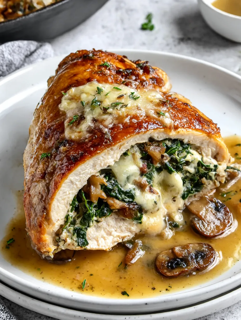 A stuffed chicken breast with mushrooms and cheese.
