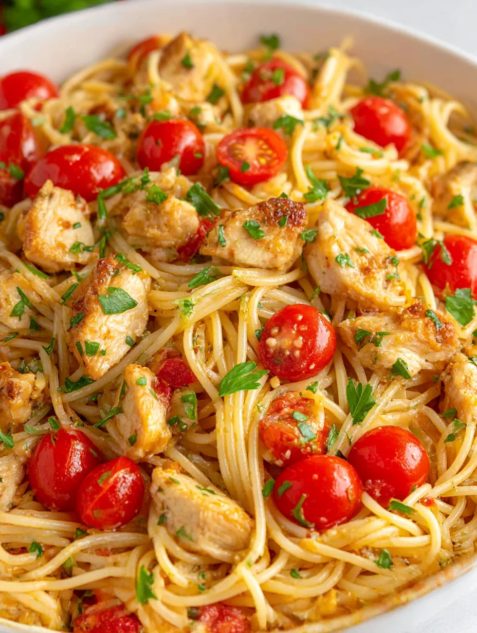 A delicious bruschetta chicken pasta recipe.