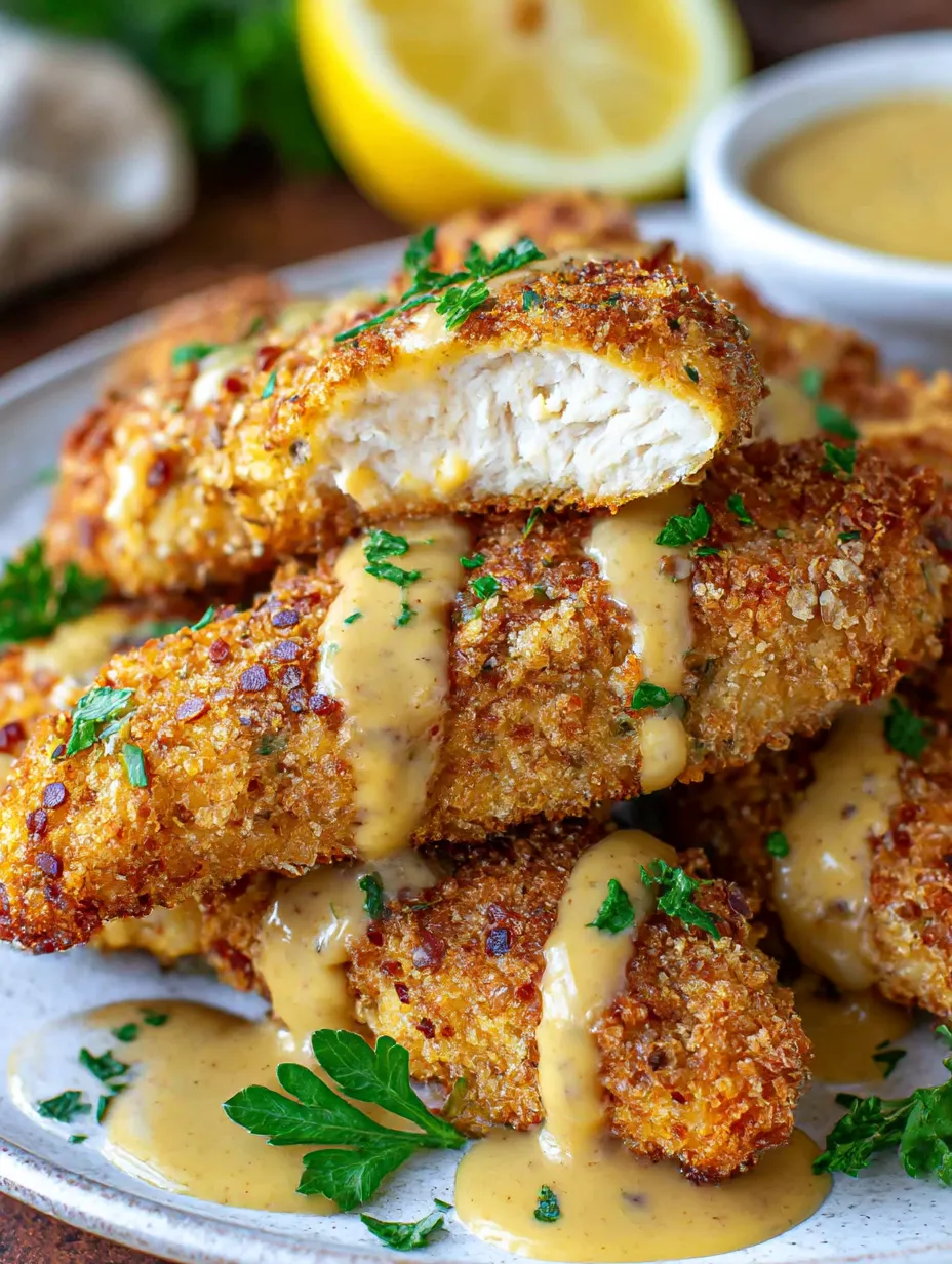 Crispy baked chicken tenders with a dipping sauce.