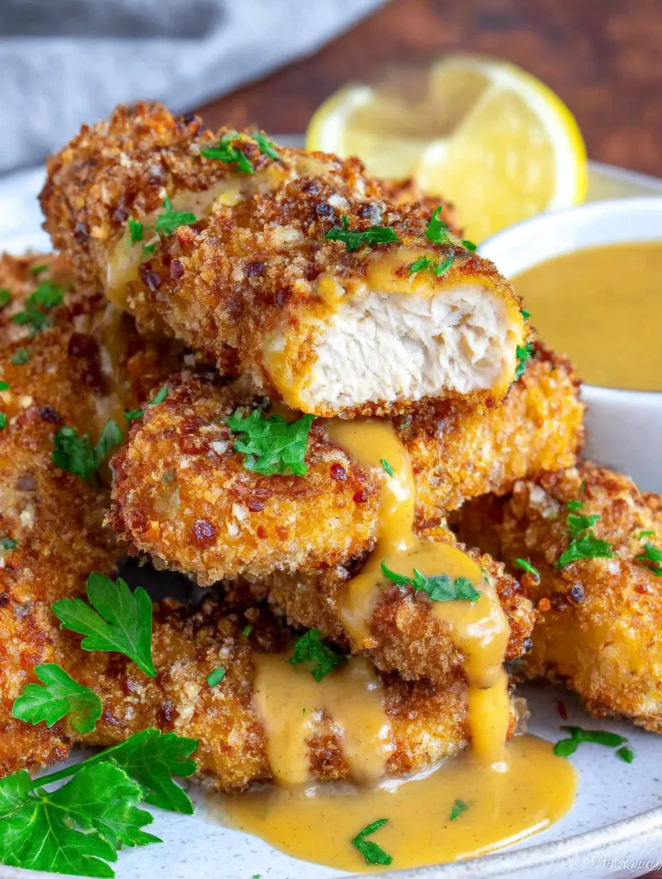 Crispy baked chicken tenders with a lemon wedge.