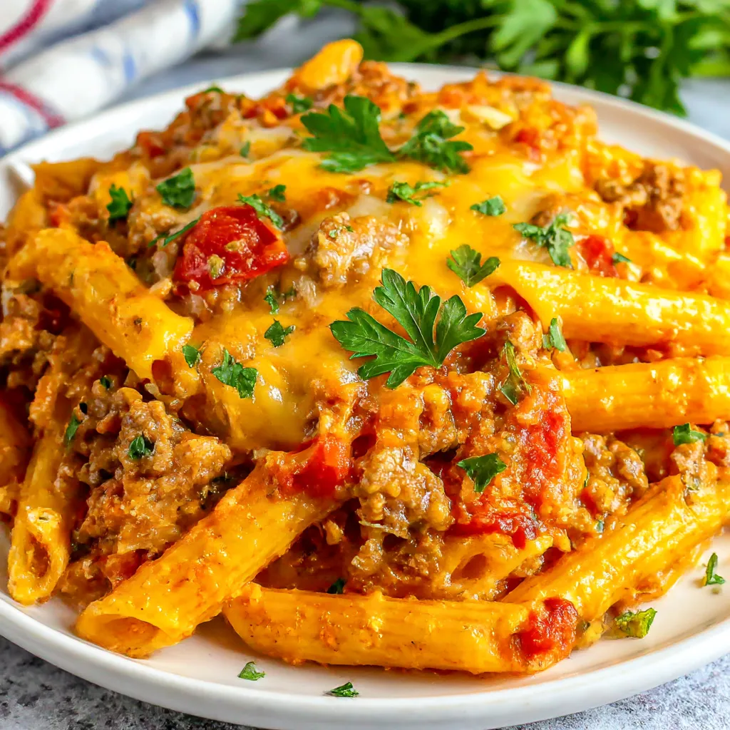 A plate of pasta with meat and cheese.